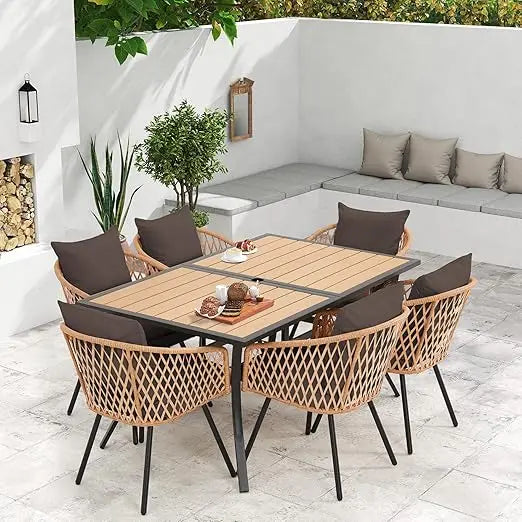 All Weather Rattan Patio Dining Set With Wood Table Top And Umbrella Hole