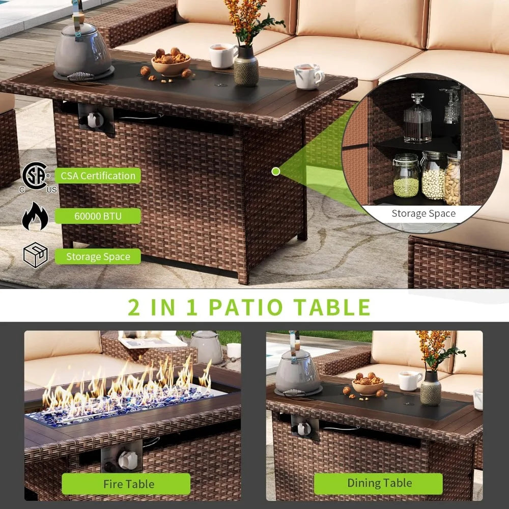 7 Piece Patio Furniture Set With Fire Pit Table Wicker