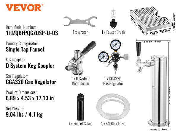 Kegerator Tower Kit Single Tap Beer Conversion Stainless Steel