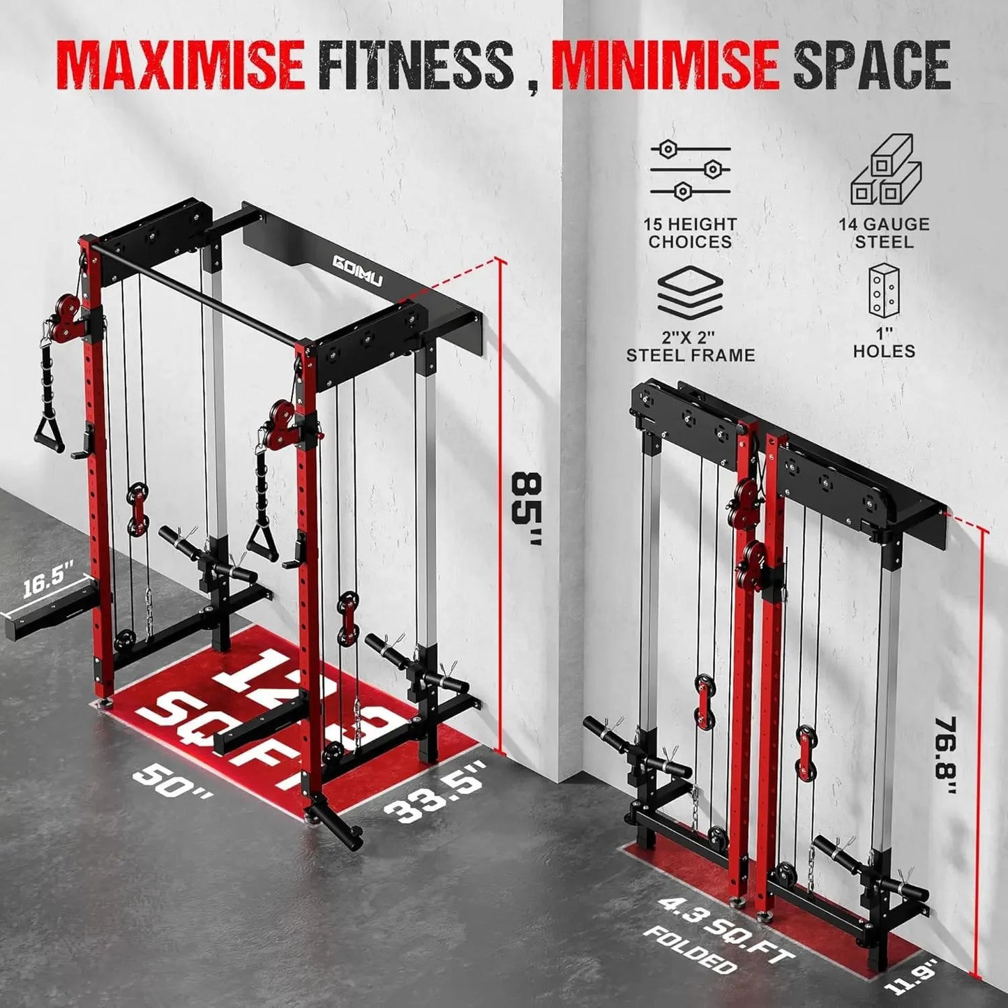 WM3 V4 Folding Wall Mounted Squat Rack Dual Pulley System