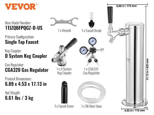 Kegerator Tower Kit Single Tap Beer Conversion Stainless Steel