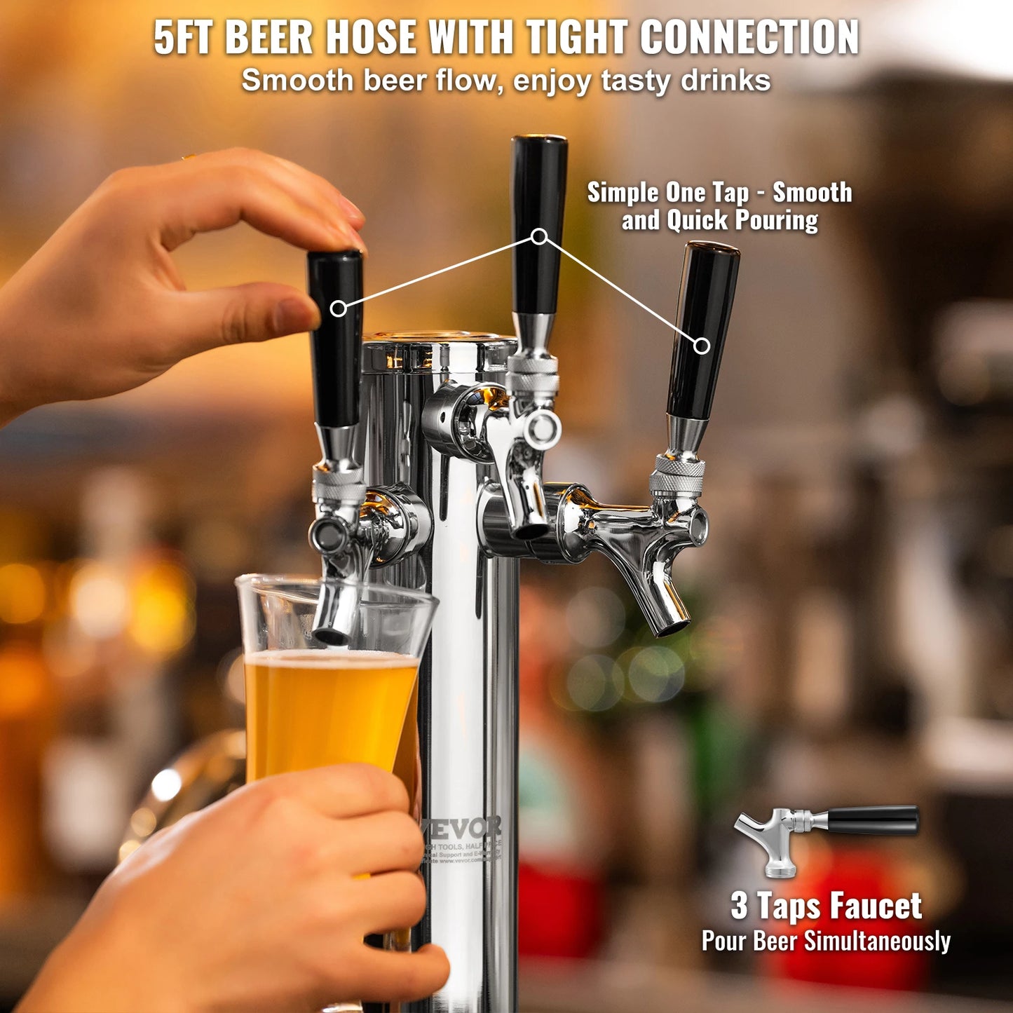 Triple Taps Draft Beer Tower Dispenser Stainless Steel Kegerator Kit