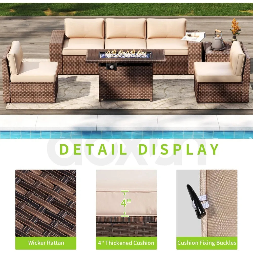 7 Piece Patio Furniture Set With Fire Pit Table Wicker