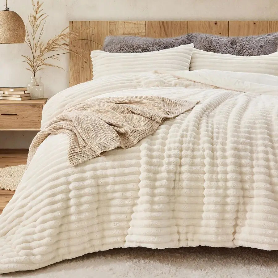 Fluffy Comforter Set 3 Piece Fleece Bedding For Winter Warmth