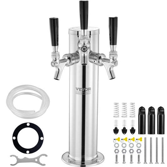 Triple Taps Draft Beer Tower Dispenser Stainless Steel Kegerator Kit