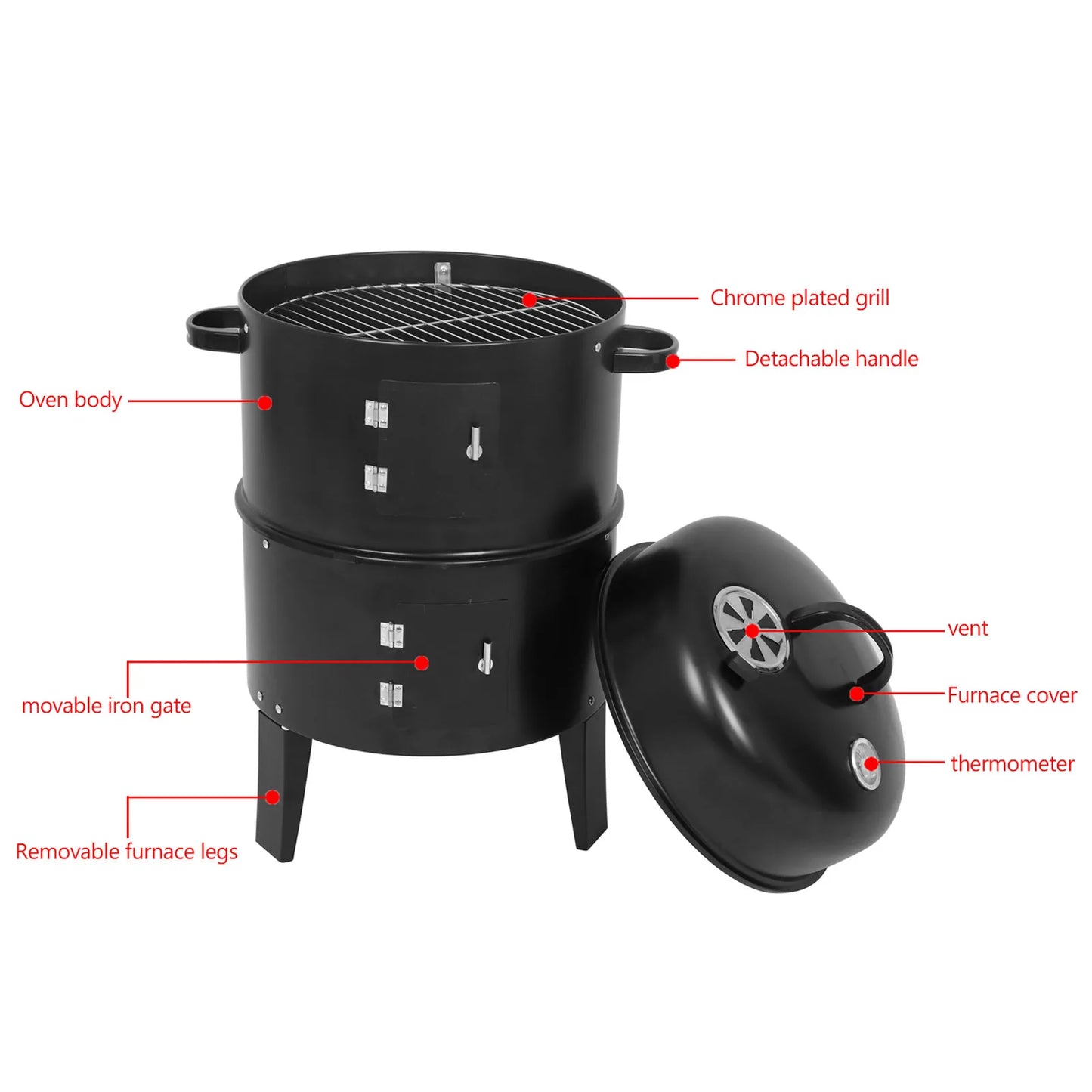 3-In-1 Vertical Charcoal Smoker Grill With Detachable BBQ