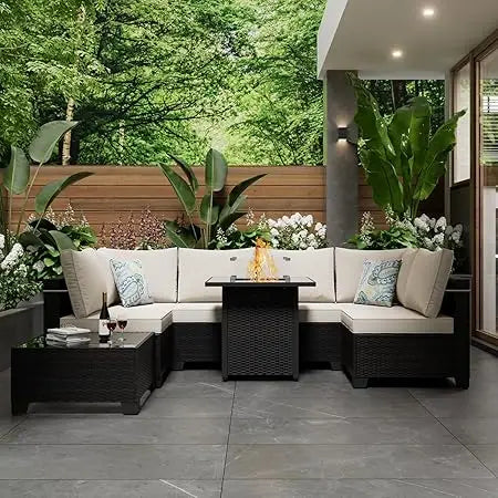 Outdoor 8 Piece Patio Furniture Set With Fire Pit Table