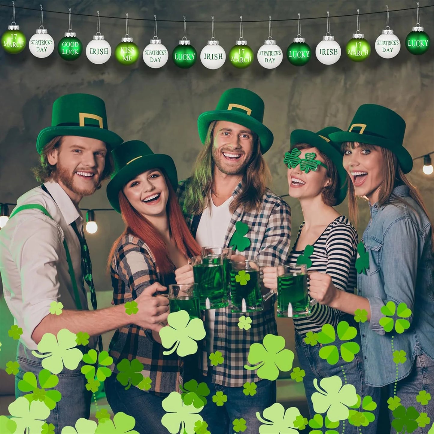 St Patrick Shamrock Hanging Decorations Set of 12 Clover Ornaments