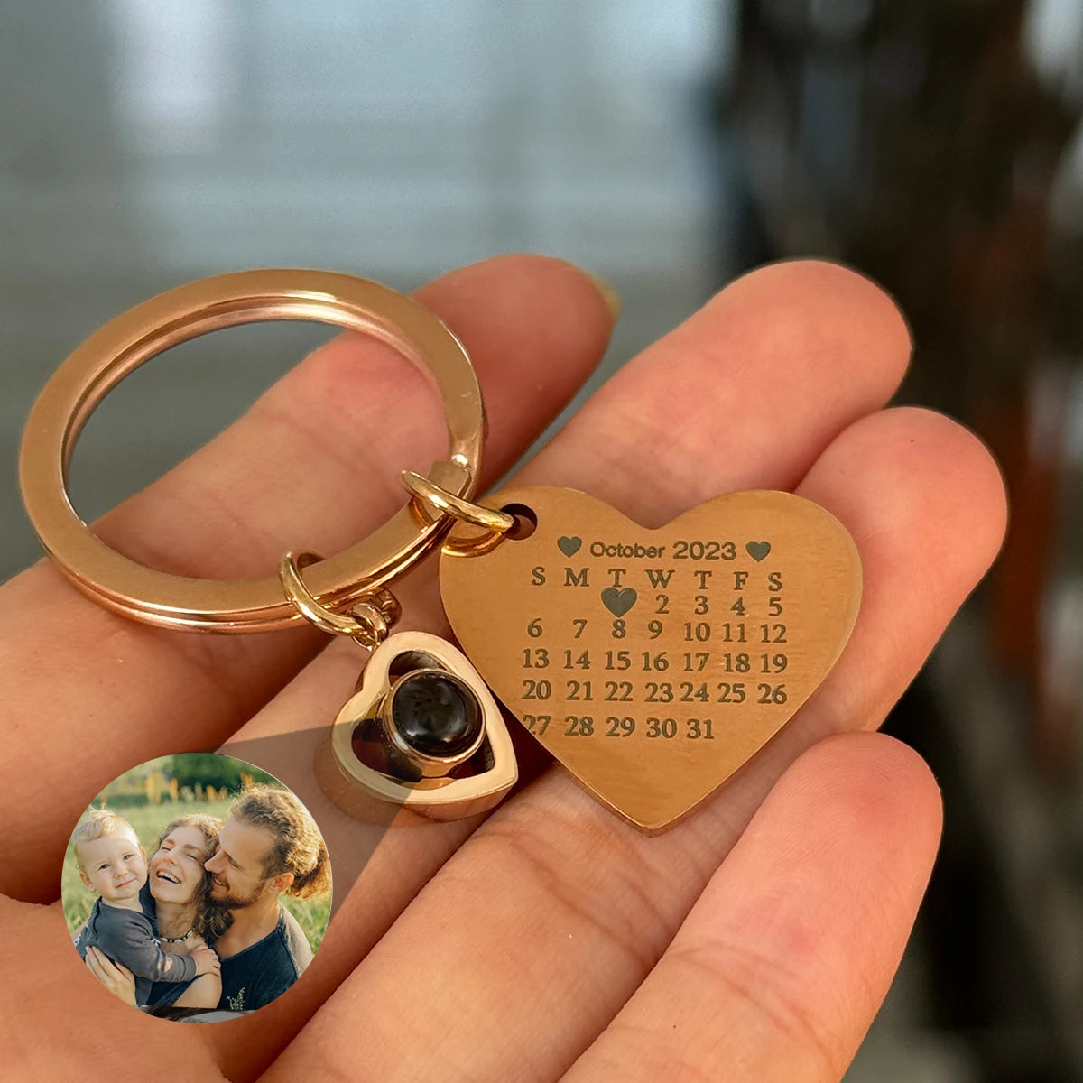 HIYONG Custom Photo Projection Keychain Heart Pendant Laser Engraved Date