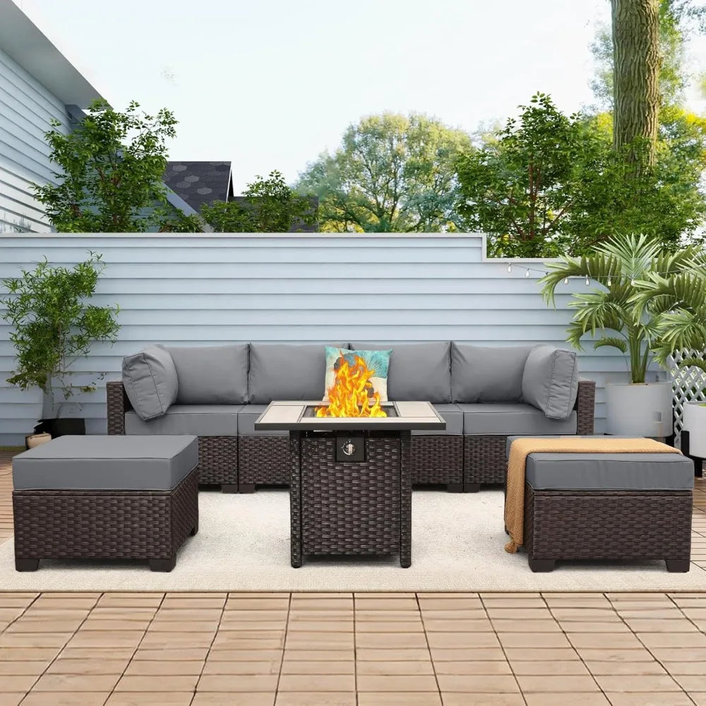 Outdoor Patio Furniture Set 7 Piece Rattan Wicker Sectional Sofa Fire Pit Table