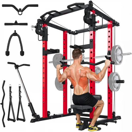 Power Rack With Lat Pulldown Dual Pulley Home Gym Cage