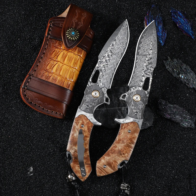 ALVELYDIY Handmade Japanese Damascus Steel Folding Pocket Knife With Sheath