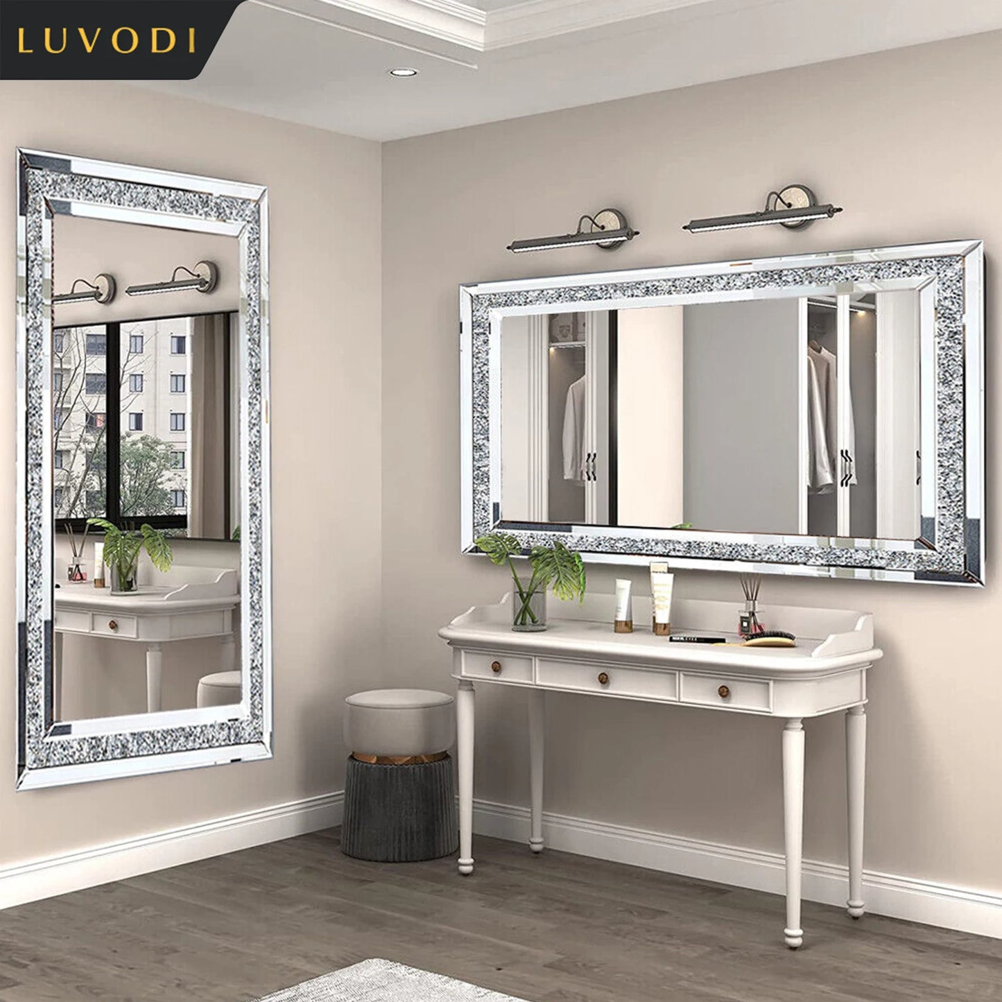 LUVODI Frameless Vanity Mirror With Crystal Rhinestones Wall Mount