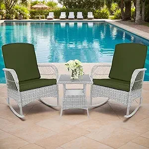 LEVELEVE Outdoor Rocking Bistro Set With Wicker Chairs And Glass Table