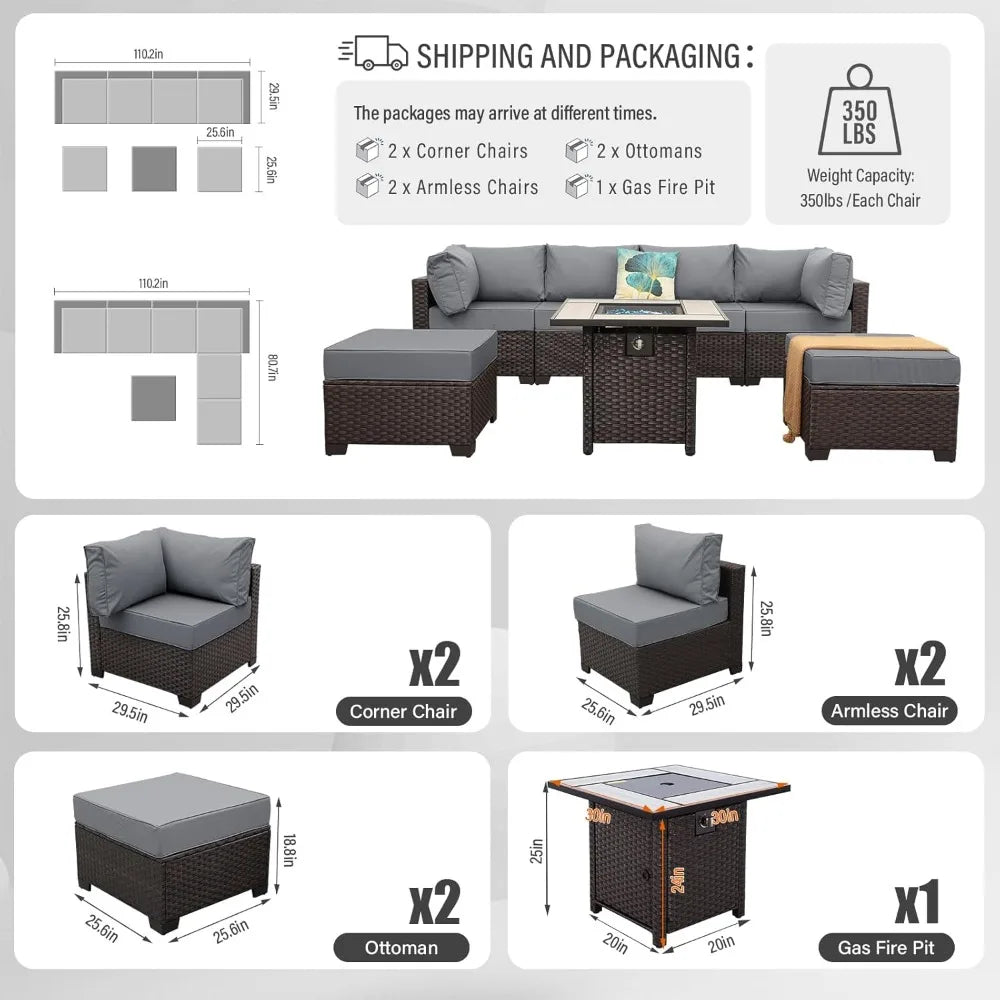 Outdoor Patio Furniture Set 7 Piece Rattan Wicker Sectional Sofa Fire Pit Table