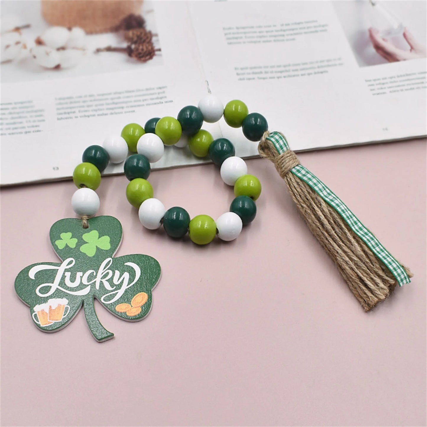 St Patrick Day Shamrock Beads Garland Festive Tassel String Decoration
