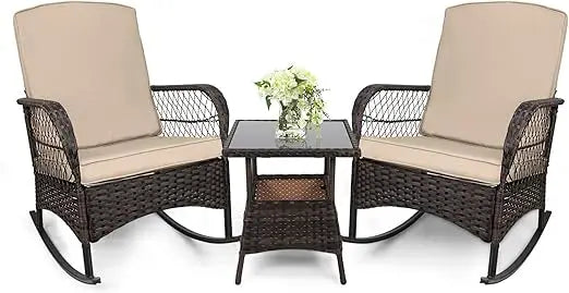 LEVELEVE Outdoor Rocking Bistro Set With Wicker Chairs And Glass Table