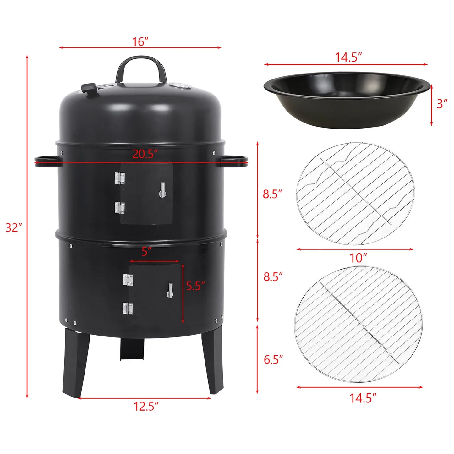 3-In-1 Vertical Charcoal Smoker Grill With Detachable BBQ