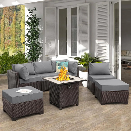Outdoor Patio Furniture Set 7 Piece Rattan Wicker Sectional Sofa Fire Pit Table