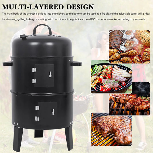 3-In-1 Vertical Charcoal Smoker Grill With Detachable BBQ